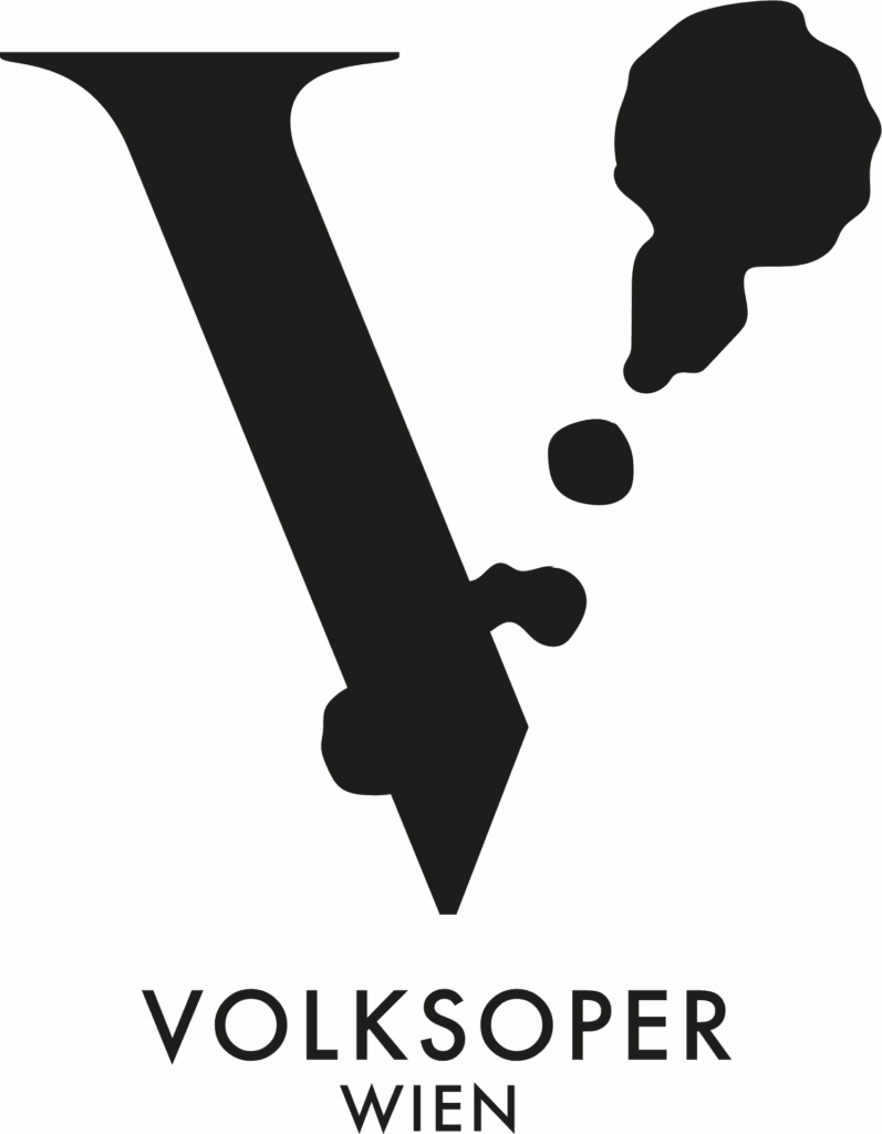 Schwarzes Logo mit einem stilisierten „V“ und Punkten, darunter der Text „VOLKSOPER WIEN“.