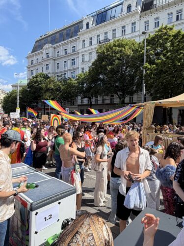 Menschenmenge bei einer Pride-Parade, bunte Regenbogenfahnen und festliche Stimmung auf einer sonnigen Straße vor historischen Gebäuden.